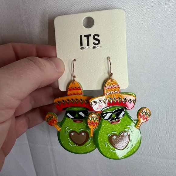 It’s Sense Avocado With Sombrero and Sunglasses Dangle Earrings NWT - Picture 1 of 5